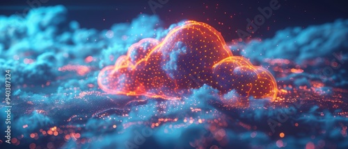 Futuristic Hologram of Cloud Computing Network with Glowing Data Points