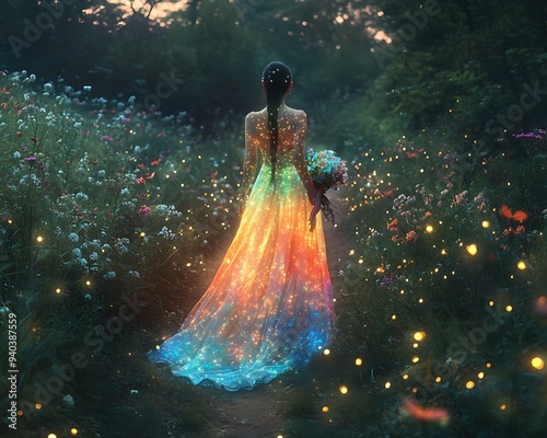A surreal image of a Korean woman with a transparent, rainbow-lit dress, holding a bouquet as she strolls down a path lined with swaying flowers at dusk. Fireflies dance around her, creating