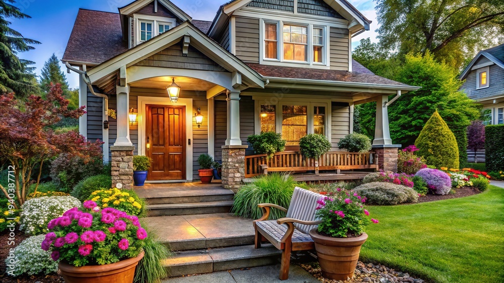 Fototapeta premium Charming suburban residence boasts inviting curb appeal with lush greenery, blooming flowers, and a welcoming porch adorned with a rustic wooden bench and ornate lanterns.
