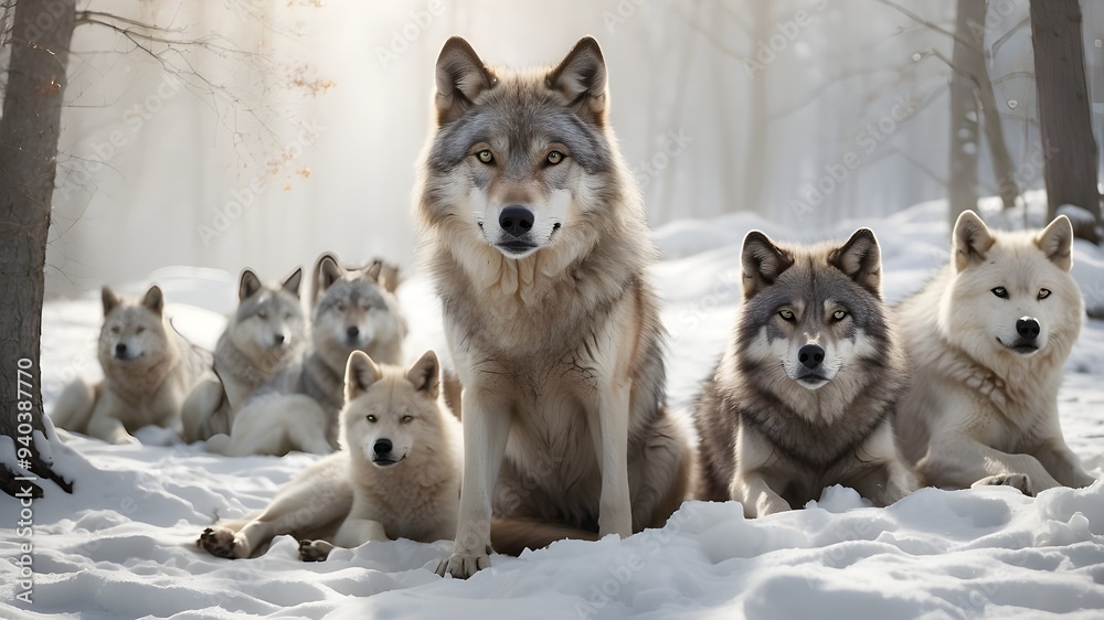 A wolf pack resting in a snowy clearing, with their fur blending into the white landscape, and one wolf standing guard, alert and watchful. A wolf pack resting in a snowy clearing, with their fur blending into the white landscape, and one wolf standing guard, alert and watchful.