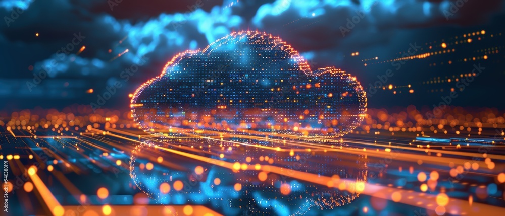 Fototapeta premium Futuristic Holographic Cloud Computing Network Concept with Interconnected Nodes in Modern Tech Design