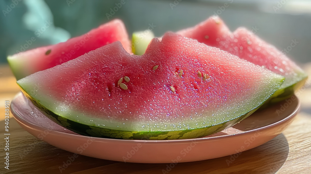 Juicy and vibrant watermelon slices served on a pink plate, showcasing a refreshing summer treat perfect for a sunny day. Juicy and vibrant watermelon slices served on a pink plate, showcasing a refreshing summer treat perfect for a sunny day.