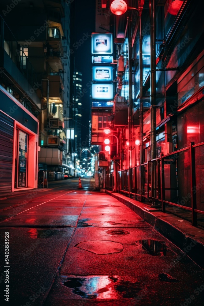 Nighttime Cityscape with Red Neon Lights Nighttime Cityscape with Red Neon Lights