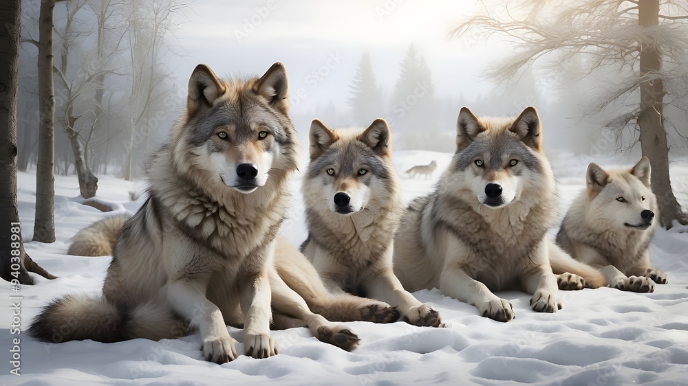 A wolf pack resting in a snowy clearing, with their fur blending into the white landscape, and one wolf standing guard, alert and watchful. A wolf pack resting in a snowy clearing, with their fur blending into the white landscape, and one wolf standing guard, alert and watchful.