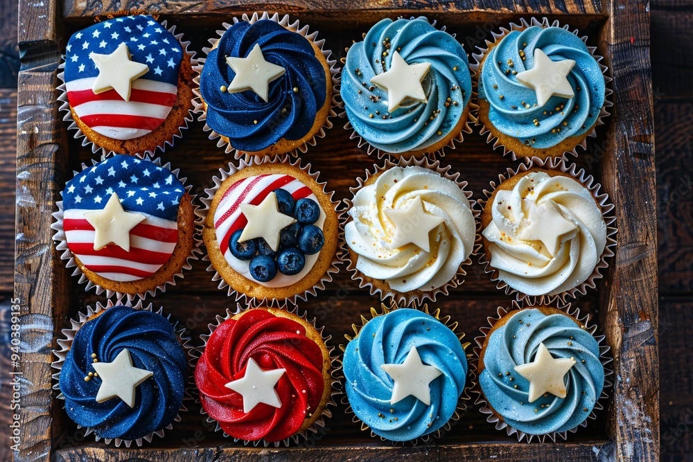 1. Top-down view of a wooden tray laden with vanilla and blueberry cupcakes arranged to resemble the American flag, blue cupcakes with white frosting stars, vanilla cupcakes with plain red frosting, 1. Top-down view of a wooden tray laden with vanilla and blueberry cupcakes arranged to resemble the American flag, blue cupcakes with white frosting stars, vanilla cupcakes with plain red frosting,