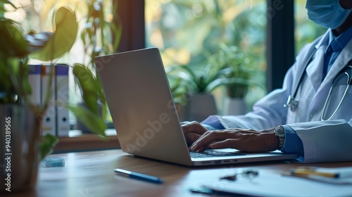 Doctor conducting online medical consultation using laptop computer in modern clinic office with ample copy space for text and medical information photo