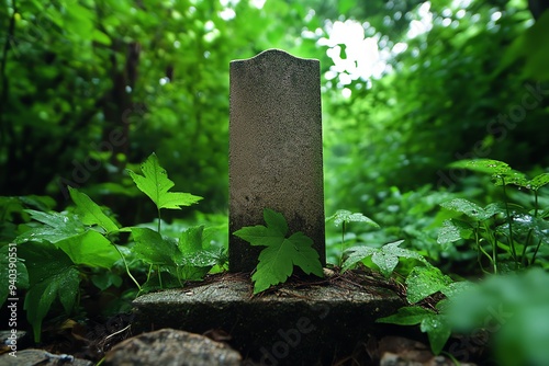 A tombstone in a forgotten graveyard, overgrown with vines and hidden among tall, ancient trees, evoking a sense of mystery