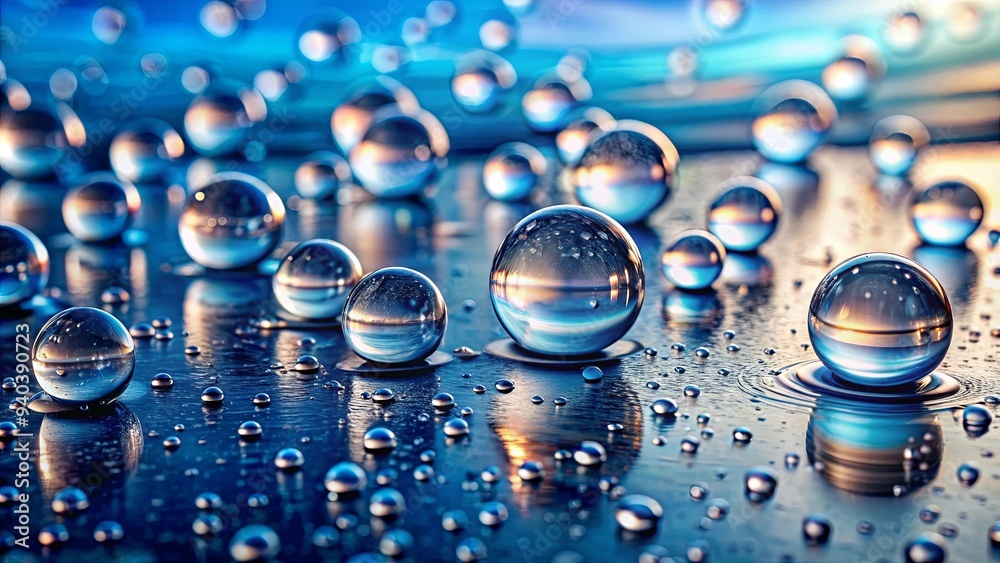 Close-up of water droplets on glass surface creating a serene and reflective composition, water, droplets, glass, surface Close-up of water droplets on glass surface creating a serene and reflective composition, water, droplets, glass, surface