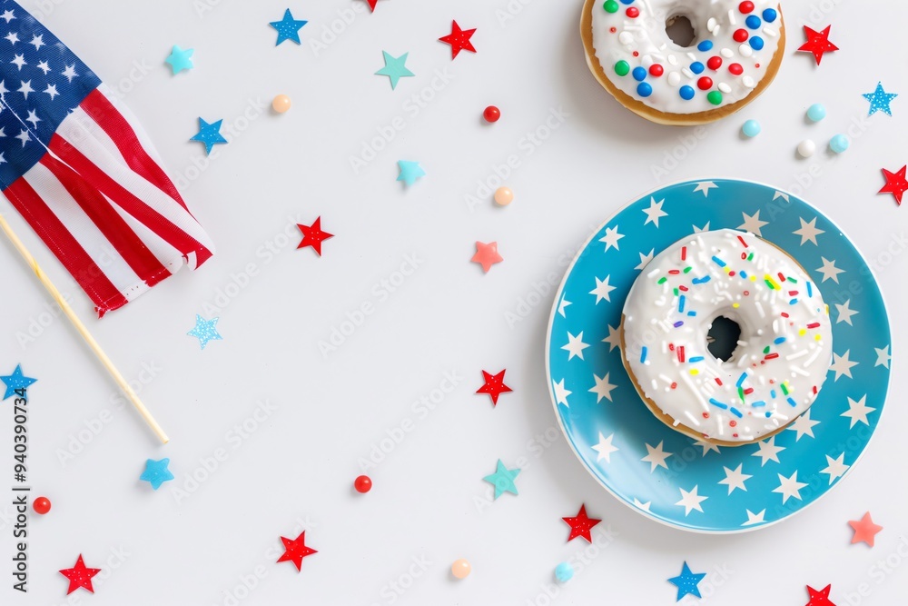 Obraz premium 5. Festive flat lay with white-frosted donut on blue star-patterned plate, red, white, and blue stars, candy, miniature American flag on skewer on the left, right side empty for text or design, clean