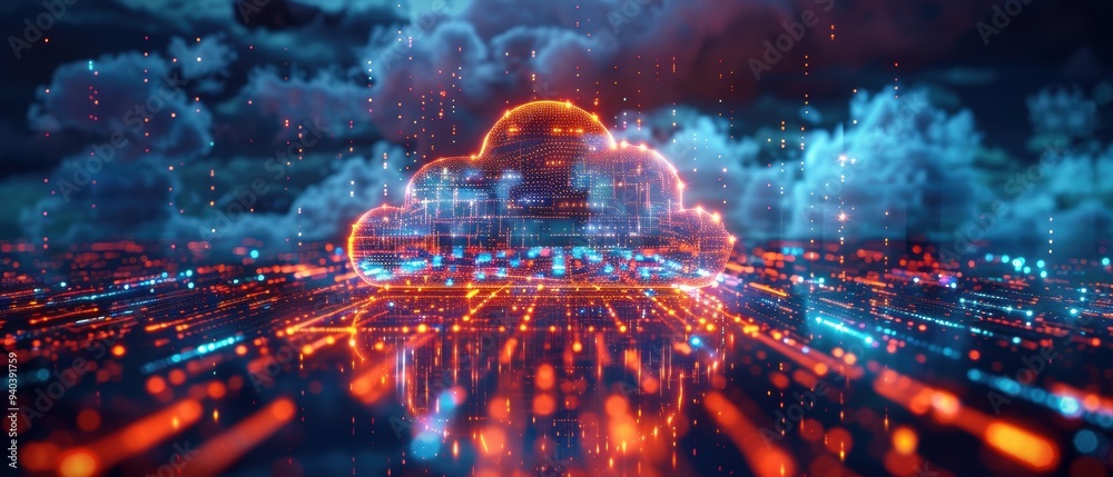 Futuristic Holographic Digital Cloud Network with Glowing Nodes and Paths. Futuristic Holographic Digital Cloud Network with Glowing Nodes and Paths.