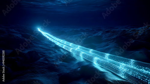 Underwater Data Highway A conceptual image showing fiber optic cables running along the ocean floor, with a faint blue glow illuminating the deep sea photo