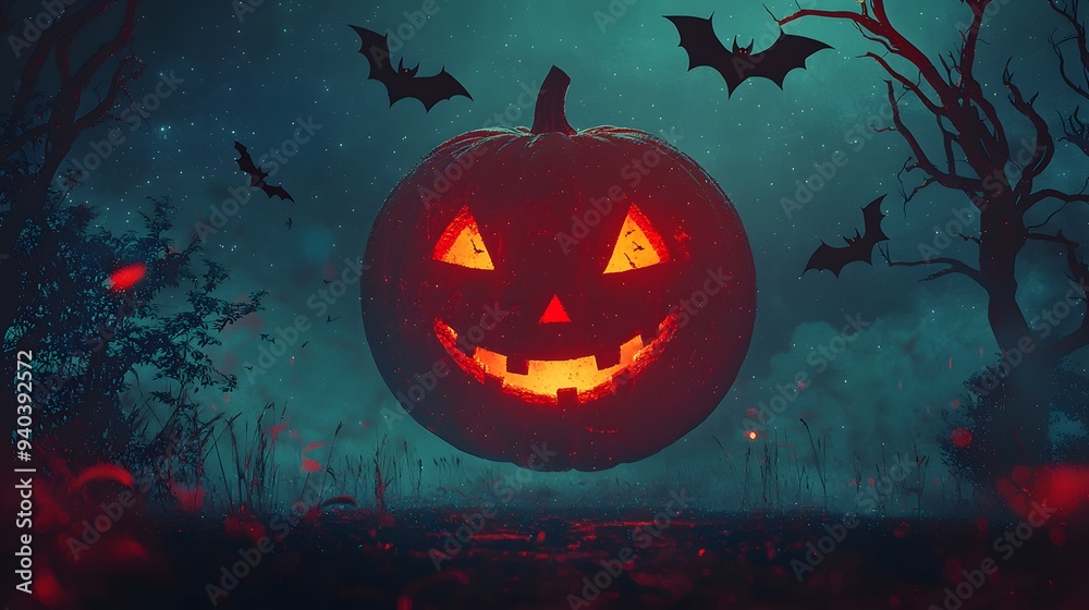 Naklejka premium Spooky glowing Halloween pumpkin with bats in a misty, moonlit forest setting.