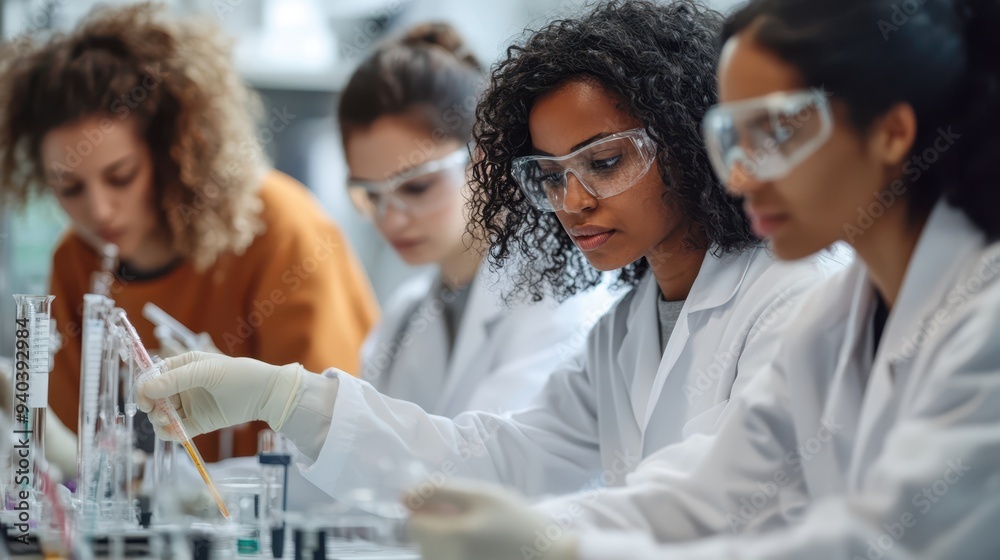 Women scientists of different backgrounds working on a collaborative experiment, representing diversity in STEM, Women in STEM, Workplace equality Women scientists of different backgrounds working on a collaborative experiment, representing diversity in STEM, Women in STEM, Workplace equality