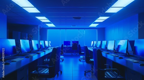 Modern computer lab with blue screens displaying digital data in a high-tech office environment – clean, organized workspace with rows of desktops and ergonomic chairs, ideal for education, programmin photo