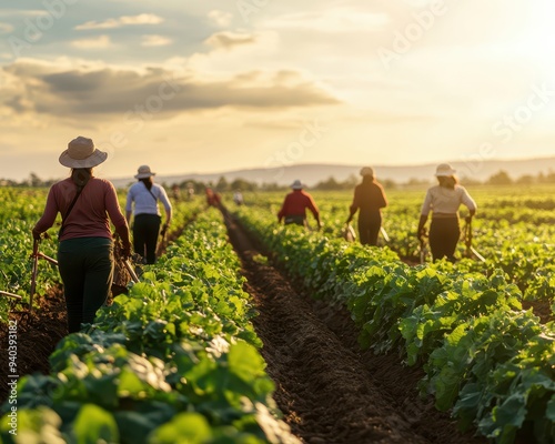 Female farm workers harvesting crops under the sun, showcasing strength and unity, Rural labor girls, Agricultural workforce