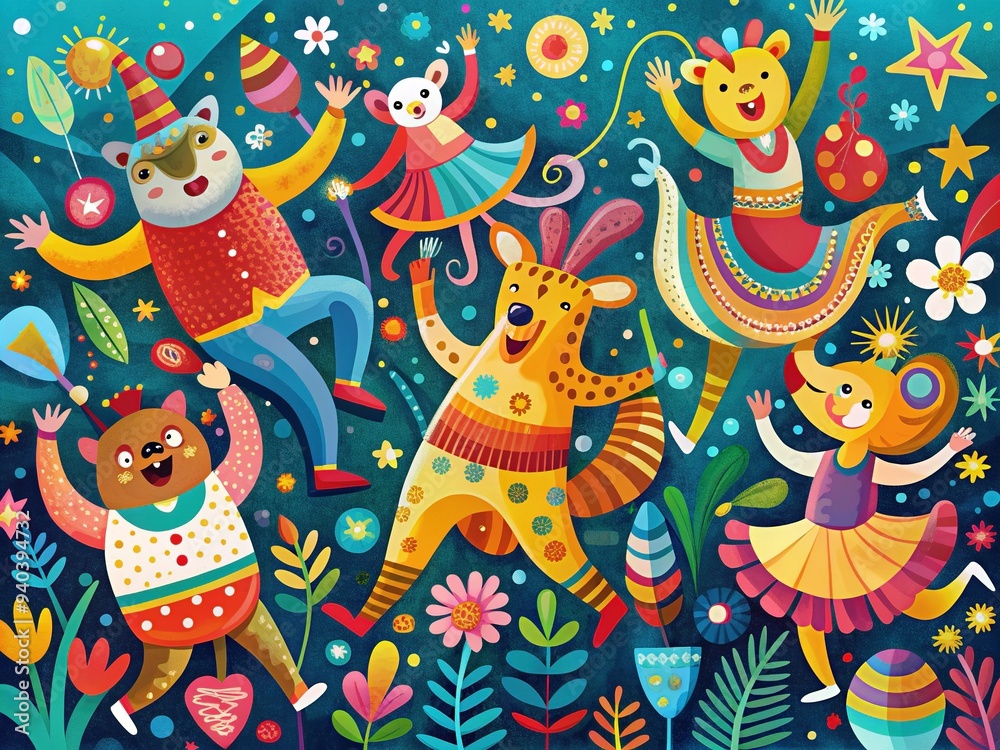 Colorful, whimsical, and abstract icons of animals, shapes, and objects dance and swirl together in a joyful, lively, and creative digital illustration. Colorful, whimsical, and abstract icons of animals, shapes, and objects dance and swirl together in a joyful, lively, and creative digital illustration.
