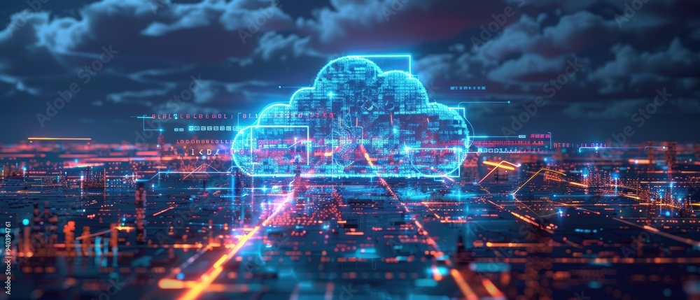 Futuristic Hologram of Cloud Network with Real-Time Data Flow Futuristic Hologram of Cloud Network with Real-Time Data Flow