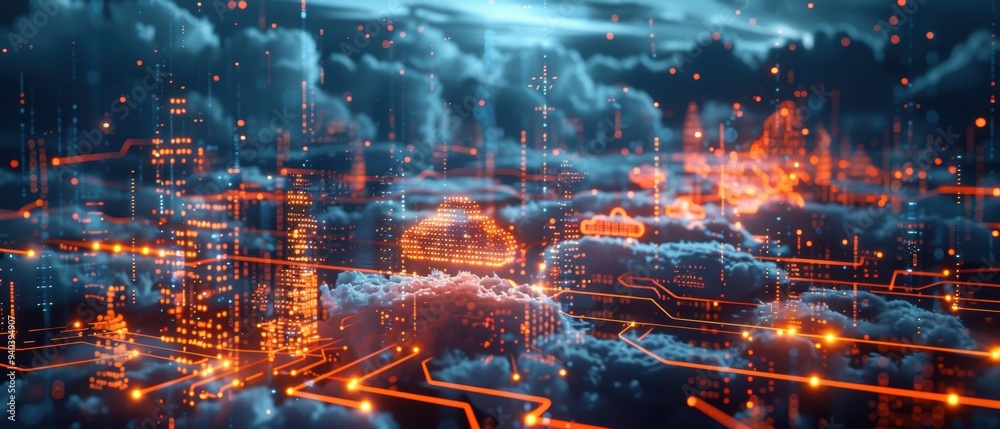 Futuristic Hologram Display of Cloud Infrastructure and Data Routing Concept Futuristic Hologram Display of Cloud Infrastructure and Data Routing Concept