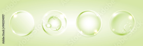 Serum, water drops of liquid or collagen on green background. beauty product, moisture, skincare colorful bubbles. skin care cosmetic hydration spots solution.