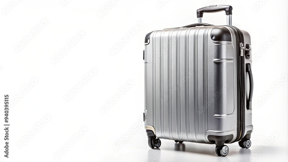 Silver plastic travel suitcase isolated on white background, suitcase, travel, luggage, vacation, bag, silver, plastic Silver plastic travel suitcase isolated on white background, suitcase, travel, luggage, vacation, bag, silver, plastic