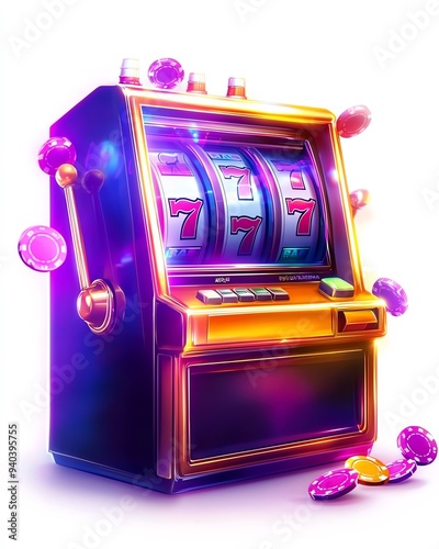 A vibrant slot machine with colorful lights and shiny coins, symbolizing excitement and the thrill of gambling.