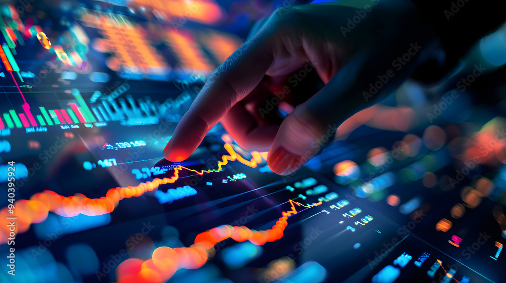 A hand interacting with a high-tech digital interface displaying vibrant data charts and graphs, symbolizing innovation, technology, and advanced data analysis. A hand interacting with a high-tech digital interface displaying vibrant data charts and graphs, symbolizing innovation, technology, and advanced data analysis.