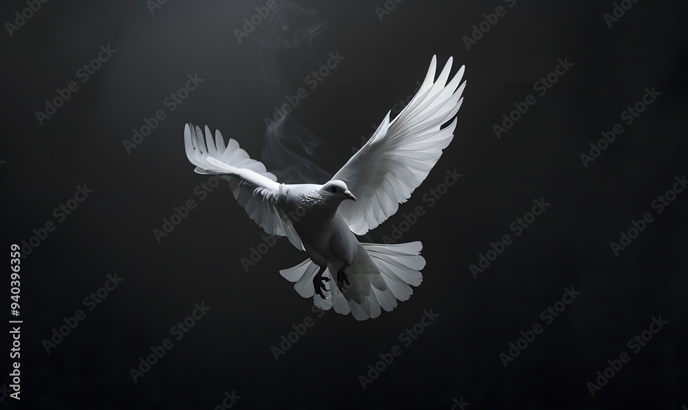 Obraz premium dove flying on black background. 