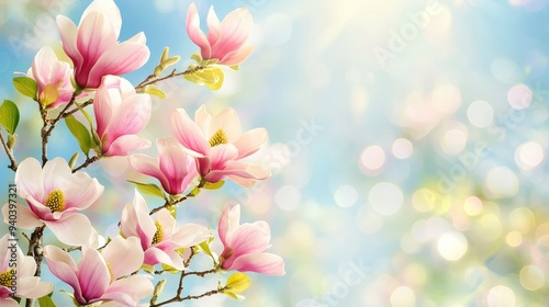 Pink magnolia flowers blooming in spring garden