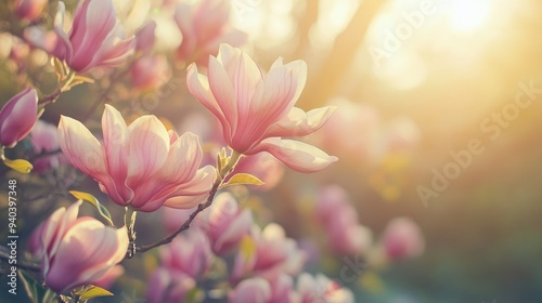 Pink magnolia flowers blooming in spring garden