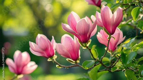 Pink magnolia flowers blooming in spring garden