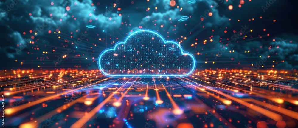 Futuristic Hologram of Cloud Storage with Digital Data Pathways Concept Futuristic Hologram of Cloud Storage with Digital Data Pathways Concept