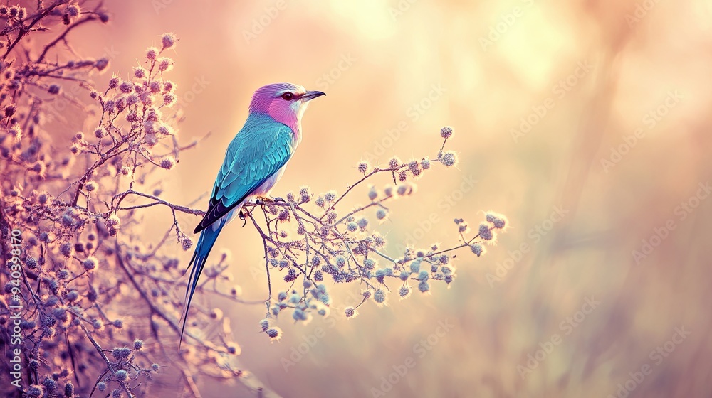 A colorful bird with pink and blue feathers perched on a branch with small purple flowers, backlit by the sun. A colorful bird with pink and blue feathers perched on a branch with small purple flowers, backlit by the sun.