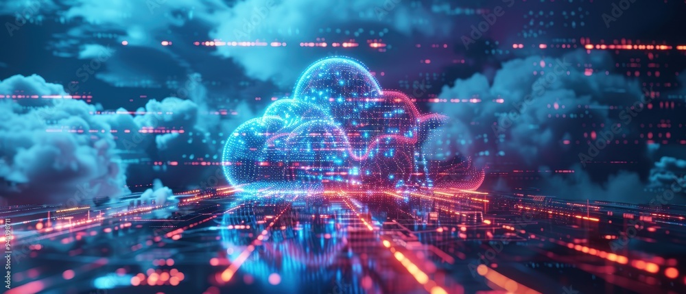Futuristic Hologram Cloud Network Displaying Real-Time Data Integration Futuristic Hologram Cloud Network Displaying Real-Time Data Integration