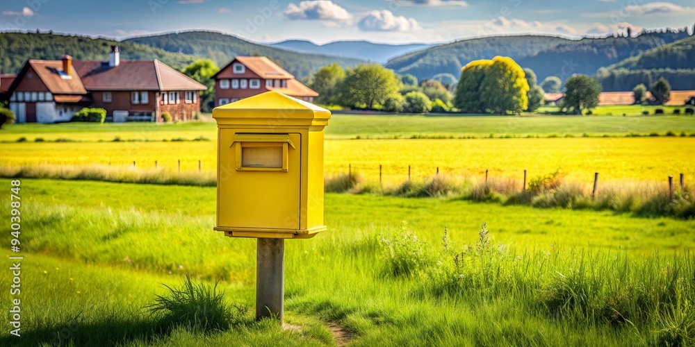 Yellow German postbox standing alone in a green meadow in a quaint village, Germany, postbox, yellow, green Yellow German postbox standing alone in a green meadow in a quaint village, Germany, postbox, yellow, green