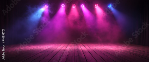 "Photo of an Empty Stage with a Wooden Floor and Colorful Lighting, Evoking Anticipation, Creativity, and the Excitement of a Live Performance"