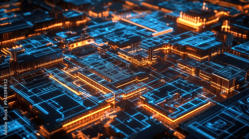 Obraz premium High-tech construction site with glowing blueprints