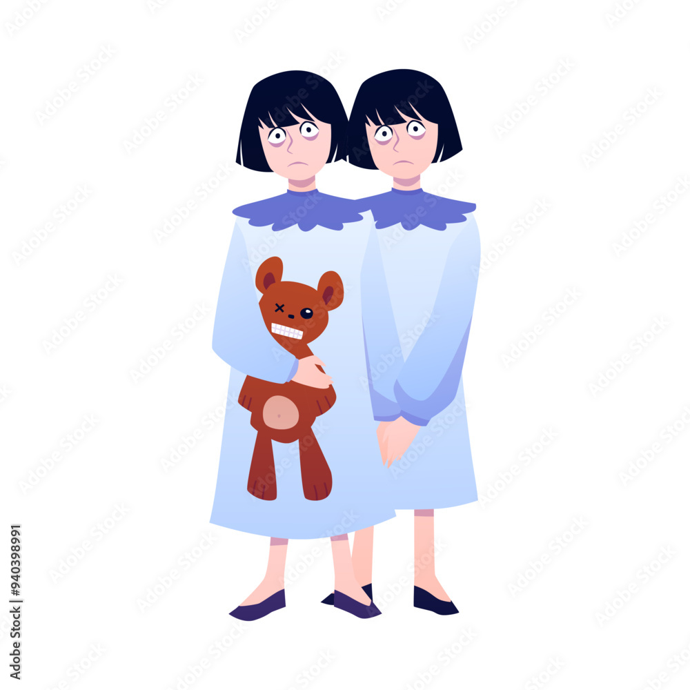 Vector illustration of twin ghosts wearing robes and carrying a teddy bear. Vector illustration of twin ghosts wearing robes and carrying a teddy bear.