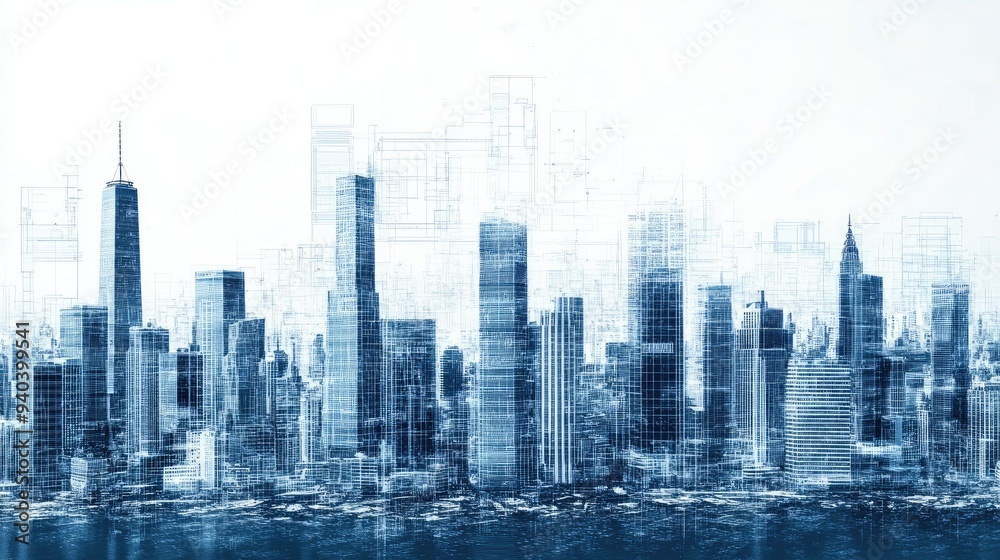Futuristic cityscape with digital blueprints overlay Futuristic cityscape with digital blueprints overlay