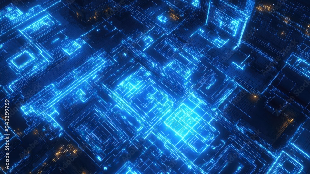High-tech construction site with glowing blueprints High-tech construction site with glowing blueprints