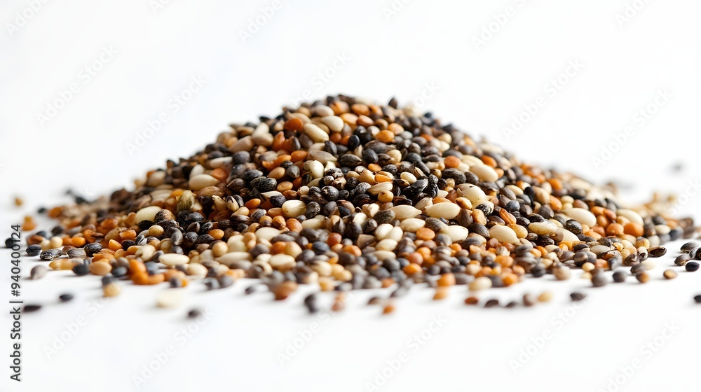 91. A pile of mixed vegetable seeds isolated on a plain white backdrop 91. A pile of mixed vegetable seeds isolated on a plain white backdrop
