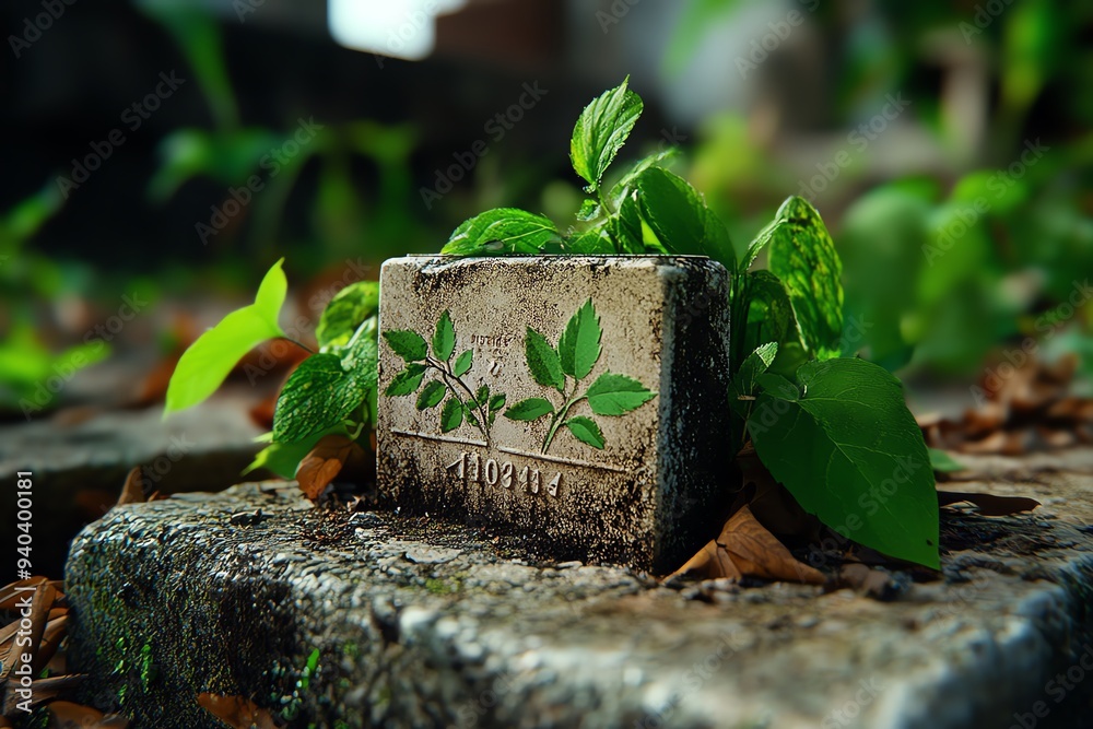 A tombstone in an old, forgotten graveyard, with the name and dates barely visible, surrounded by crumbling walls and overgrown plants A tombstone in an old, forgotten graveyard, with the name and dates barely visible, surrounded by crumbling walls and overgrown plants