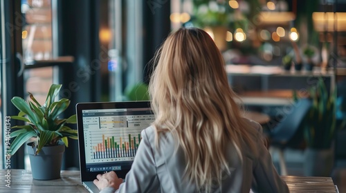 Rear view of a focused young businesswoman working on laptop with analytical charts, graphs, and schedules displayed on screen, sitting at a modern office desk, ideal for business, finance, and corpor photo