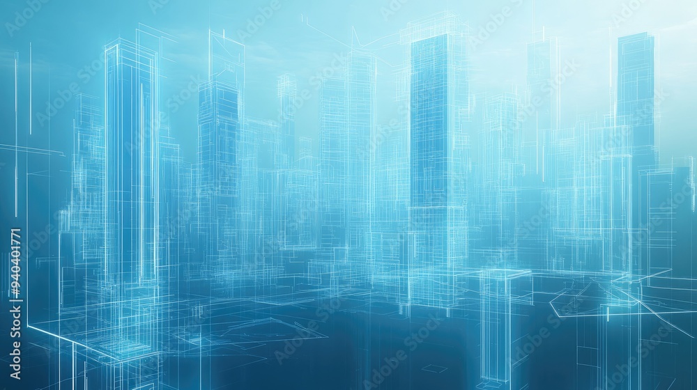 Futuristic cityscape with digital blueprints overlay Futuristic cityscape with digital blueprints overlay