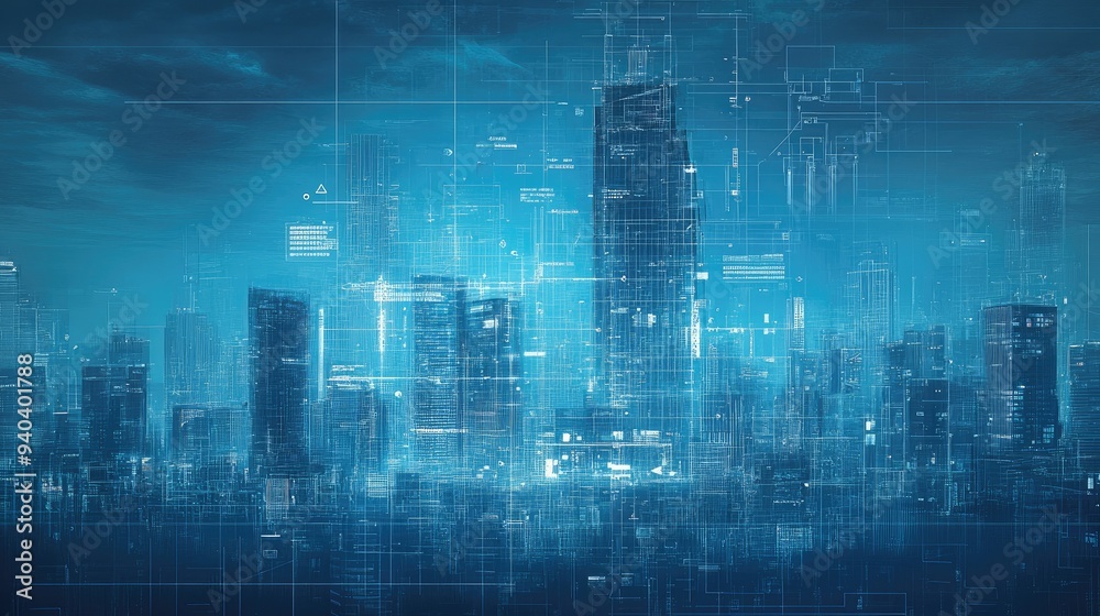 Futuristic cityscape with digital blueprints overlay Futuristic cityscape with digital blueprints overlay
