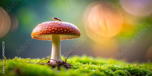 Close-up of a mushroom with a small insect crawling on it, mushroom, insect, close-up, nature, wildlife, macro, fungi, fungus photo