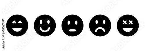 emoji icons, emoji, emoji icon, rating emoji set in black, feedback emoticons collection, very happy, happy, bad and very bad emoji, sad and very sad emoji