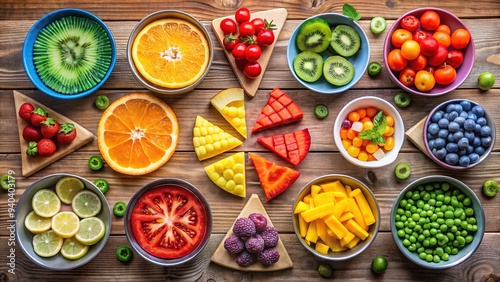 Colorful pie charts, geometric shapes, and measuring cups filled with sliced fruits and veggies illustrate mathematical concepts of parts, wholes, and equivalent ratios on a wooden table.
