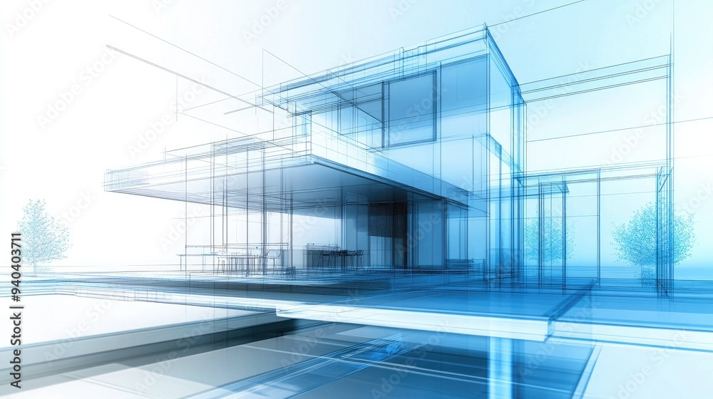 Modern architecture development with holographic plans Modern architecture development with holographic plans
