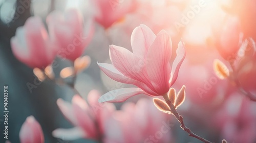 Pink magnolia flowers blooming in spring garden