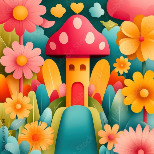 Colorful Mushroom House in a Flower Garden